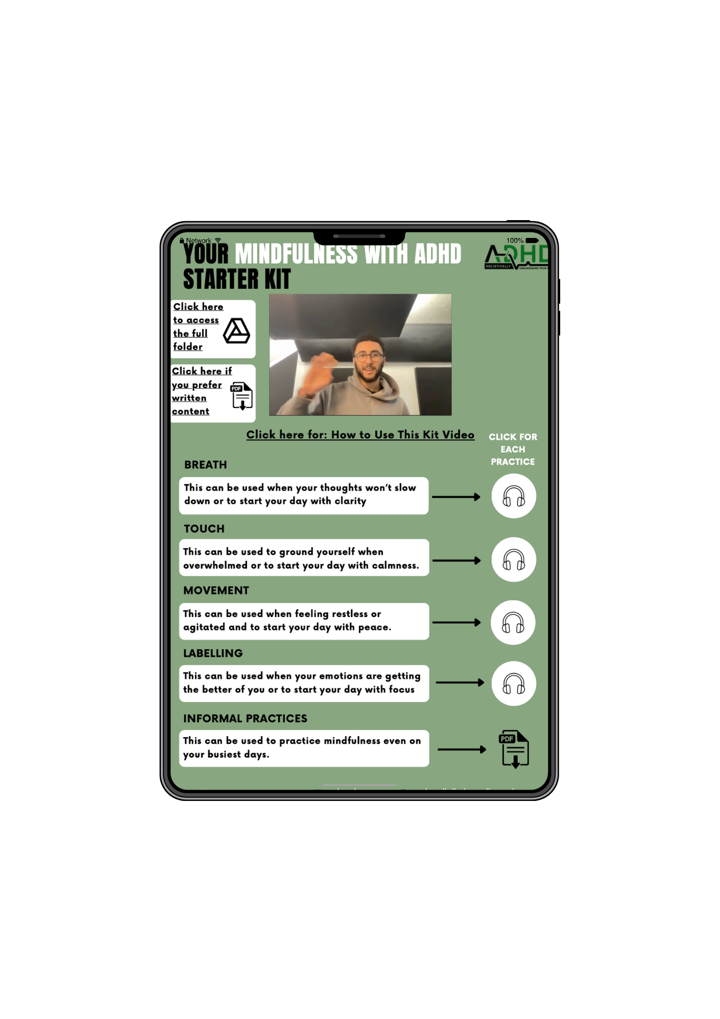 The Mindfulness with ADHD Starter Kit - Digital product mockup showing guided practices on a tablet